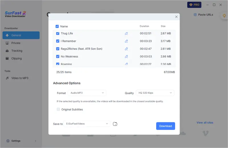 Select Output Format for the Music Playlist